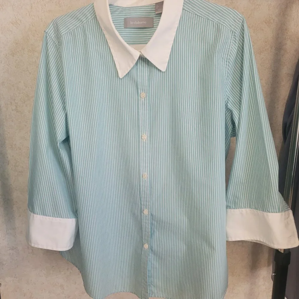 Teal Blue & White Pin Stripe Blouse XL Liz Claiborne - Picture 2 of 16